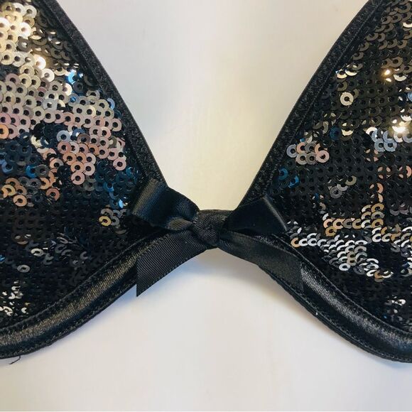 Victoria's Secret Gorgeous Plunge Bling Sequin Bra 32D Thong‎ Panty Set Black - Picture 5 of 15